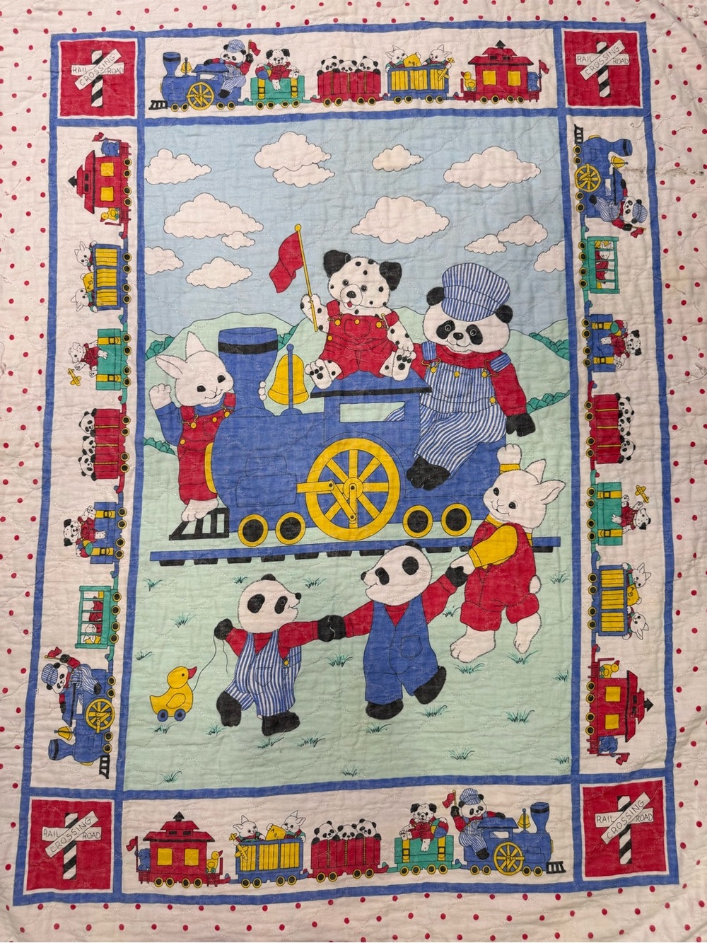 Vintage Panda Bear Bunny Train Conductor Quilted Blanket Baby Kids Quilt